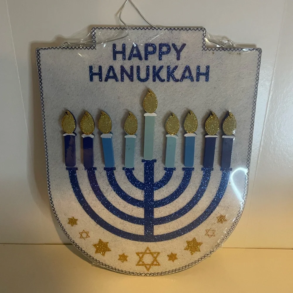 Happy Hanukkah Sign, Menorah Wall Decor By Ashland - Blue & Gold Glitter Shield